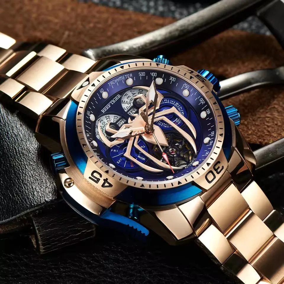 Reef Tiger Men's Automatic Watch Spider Dial Perpetual Calendar Sport Luxury Mechanical Bracelet Wristwatch