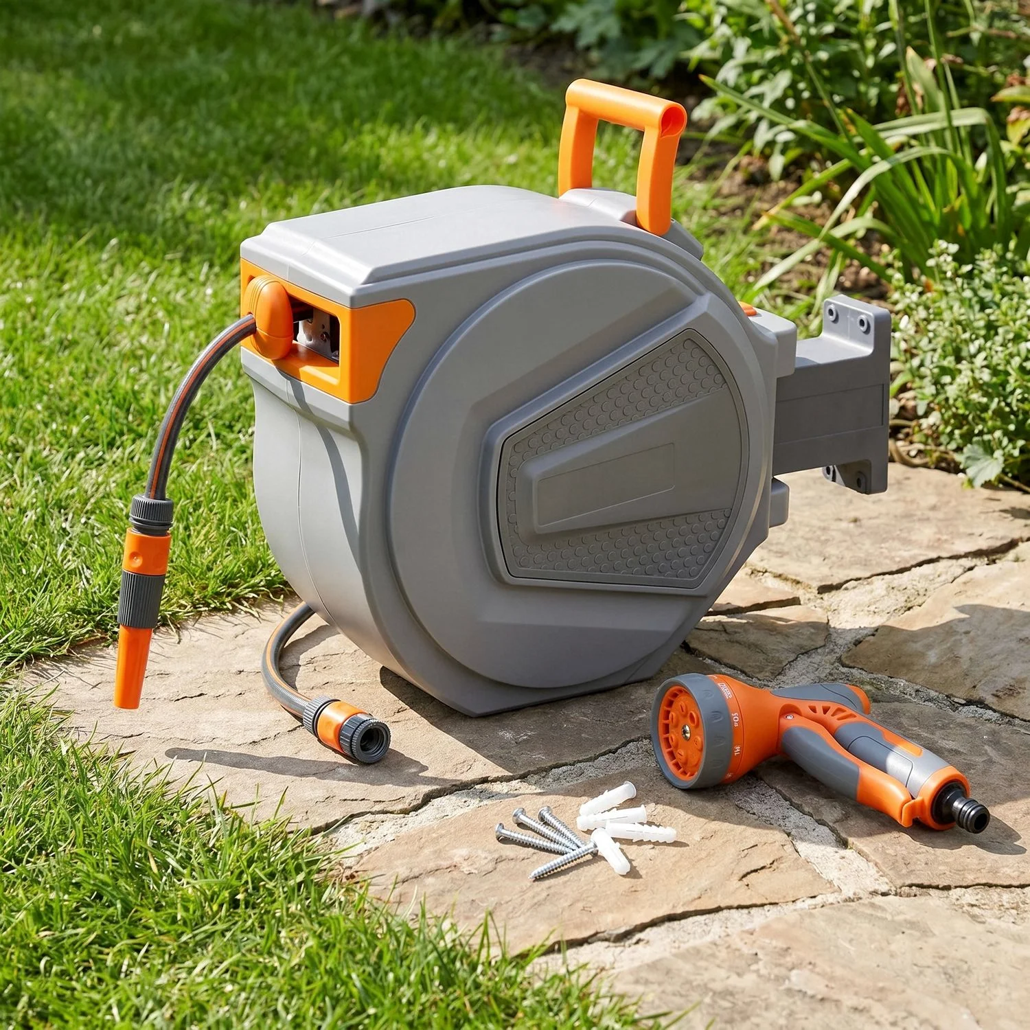Gartenschlauchaufroller,mit 9 Funktionen Handbrause,PVC,Schlauch Aufrollautomatik mit Aufwickeln Topper,180° Schwenkbar,Wand Schlauchbox Schlauchaufroller,für Autowäsche,Gartenbewässerung,Hundebaden