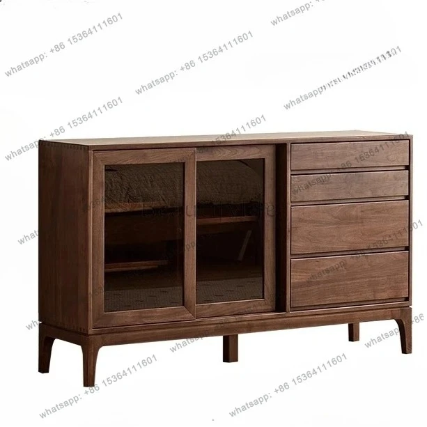 

North American black walnut dining side cabinet Nordic solid wood home locker living room wall glass tea cabinet