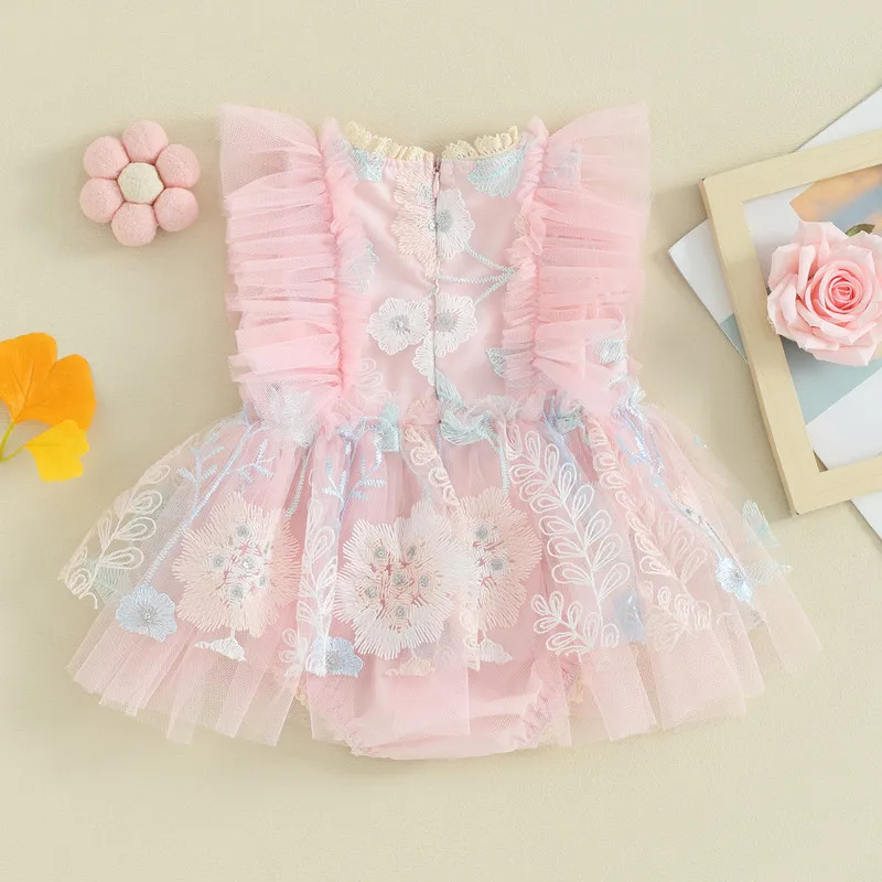 Newborn Baby Girls Cute Bodysuit Dress Summer Clothes Fly Sleeve Embroidery Flower Bodysuit for Casual Daily