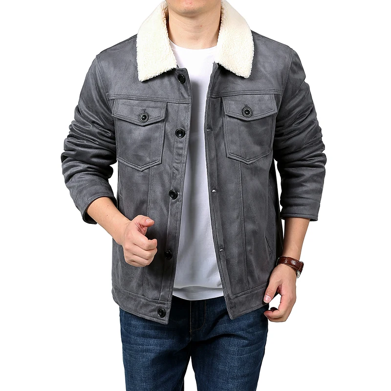 

Multi-Pocket Outwear Thicken Fleece Lining Mens High Quality Coats Men's Suede Jacket Sherpa Lined Winter Trucker Cargo Workwear