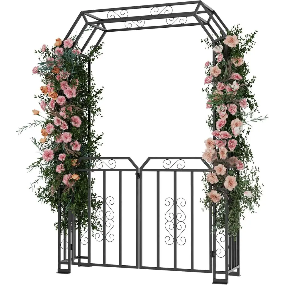 

Garden Arch with Gate, Metal Garden Arbor with Gate and Planter Box, Double Lockable Design, Outdoor Arch for Climbing Plants, W