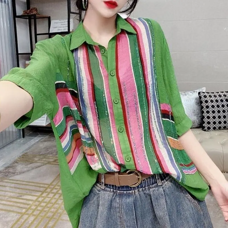 Casual Contrasting Colors Striped Spliced Shirt Women\'s Clothing Fashion Polo-Neck Summer Single-breasted Chic Diamonds Blouse