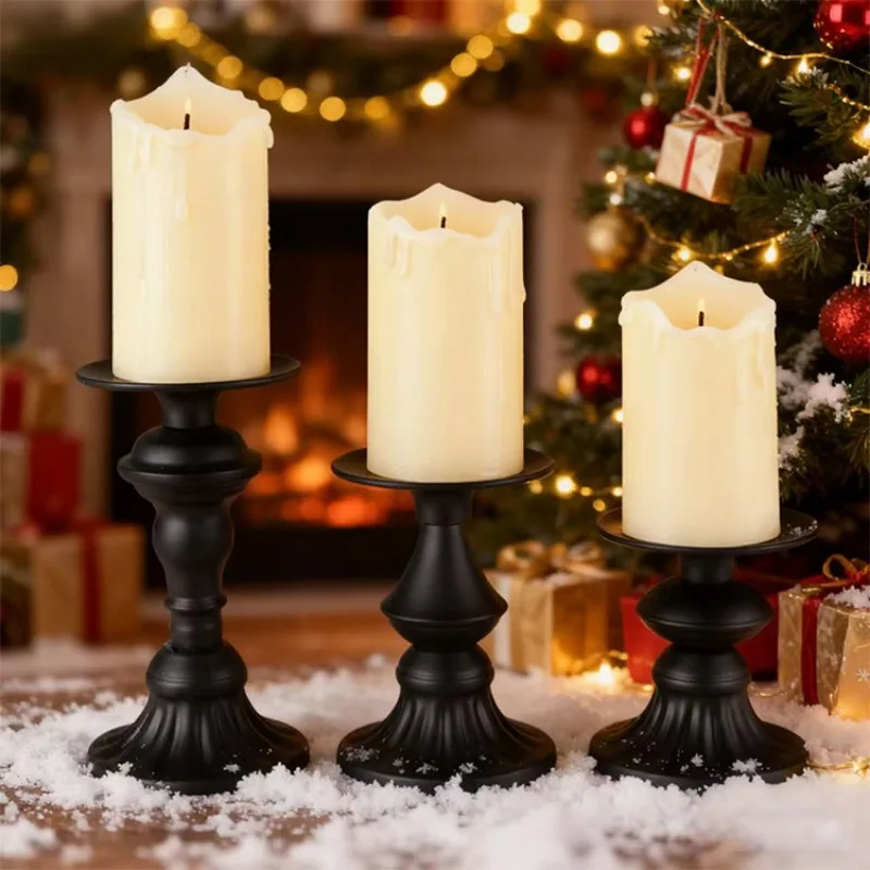 Black Metal Candle Holders Set Vintage Matte Iron Pillar Candlesticks, Retro Candle Stand Home Decor Wedding Table Centerpieces