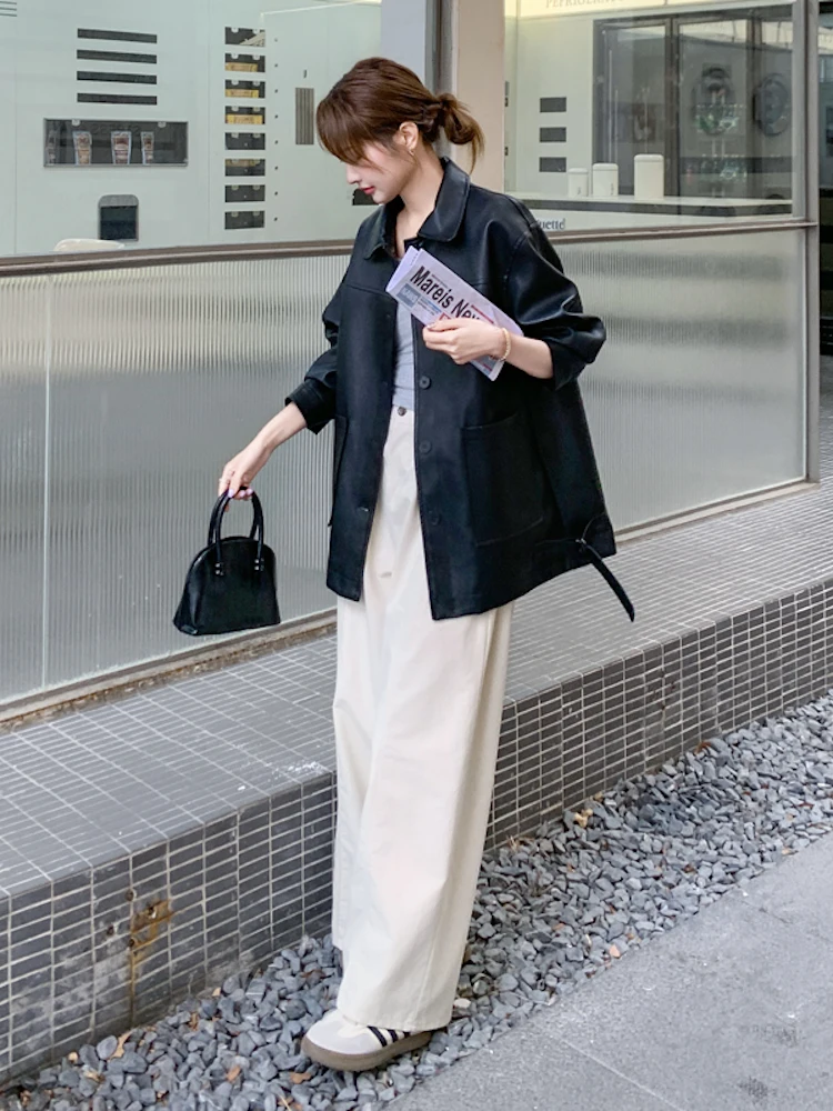 Bla Retro Eco-Leather Jaet Women's Cool Casual Sle 2025 Autumn New High-End Loose Fit PU Leather Jaet