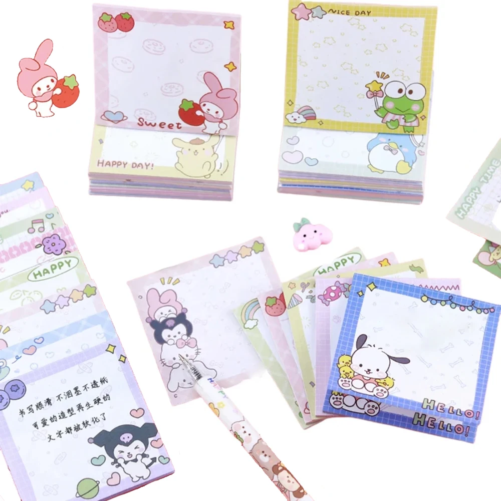 

MINISO 4PCS/Set Kawaii Anime Hello Kittys Card Cinnamorolls Kuromis Melodys Roll Student Memo Note Book Office Message Post