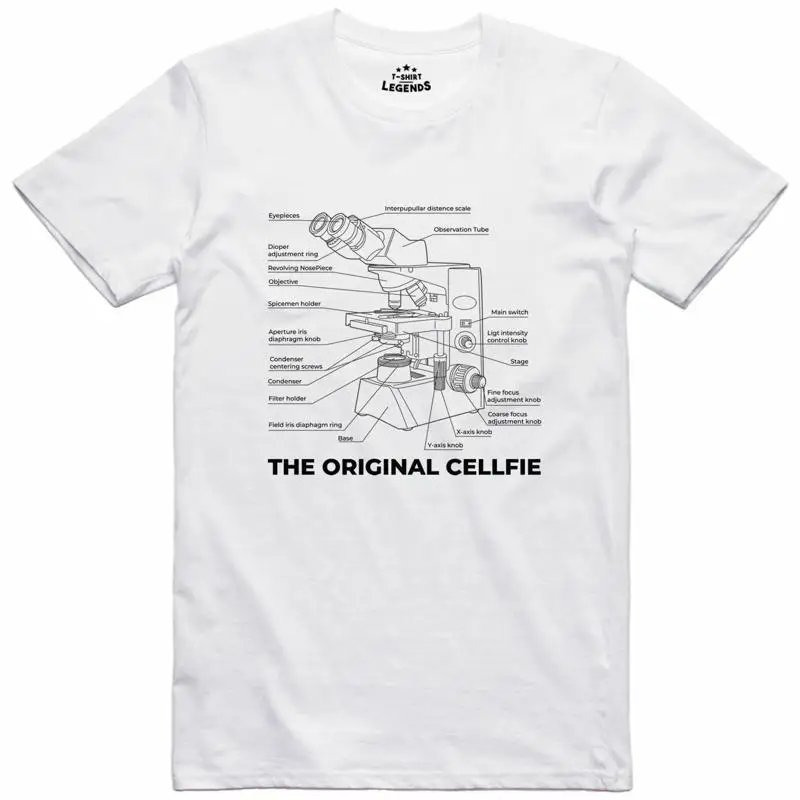 Divertido hombre camisa ciência microscopio selfie célula corte normal algodão t camisa