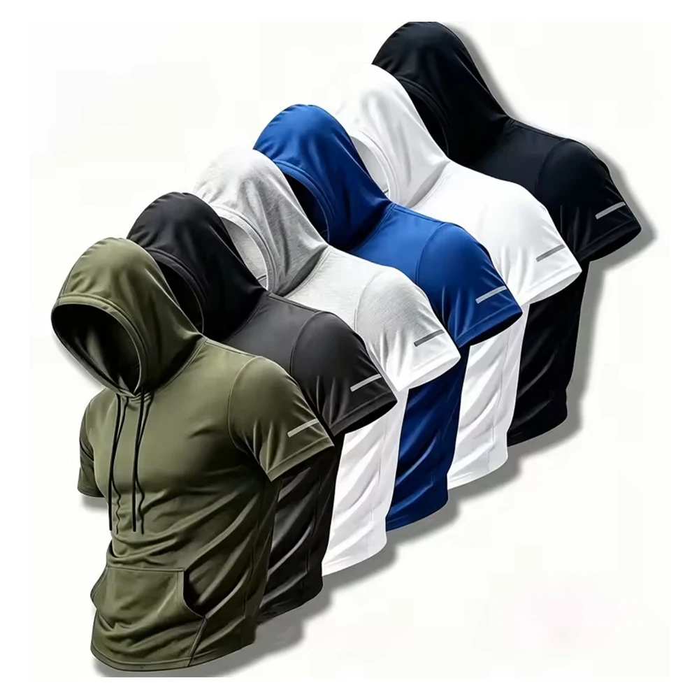 Men Hooded T Shirt Sports Fitness Gym T Shirt Short Sleeve Hoodie Summer Sweatwear Loose Solid Color Lightweight T-shirt-CY2703