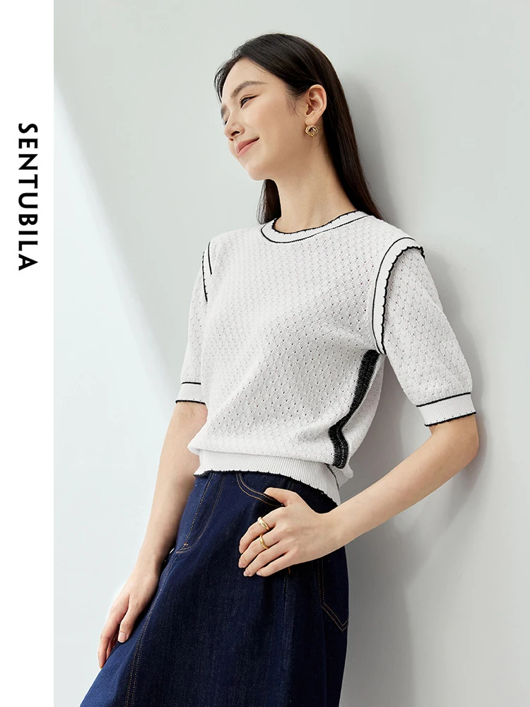 SENTUBILA Contrast Round Neck Short Sleeve Knitted Top 2024 Summer Cotton 100% Simple Casual Womens Pullovers Clothes W42H53923