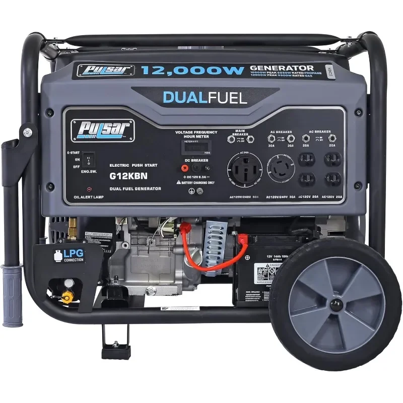 G12KBN Heavy Duty Portable Dual Fuel Generator - 9500 Rated Watts & 12000 Peak Watts - Gas & LPG - Electric Start