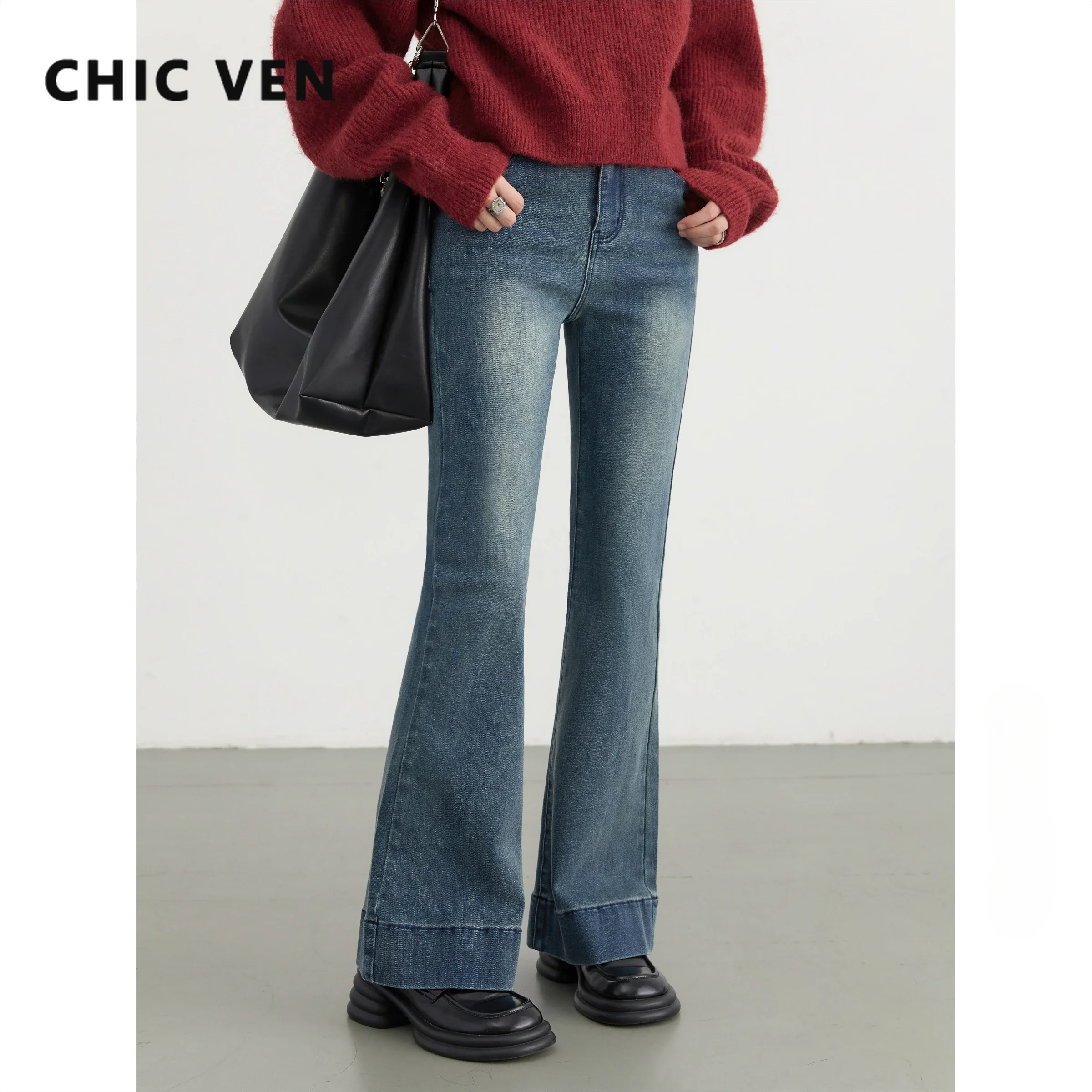 

CHIC VEN Women's Pants Blue High Waisted Elastic Slim Fit Micro Flared Denim Jeans Female Trousers Autumn Winter 2024