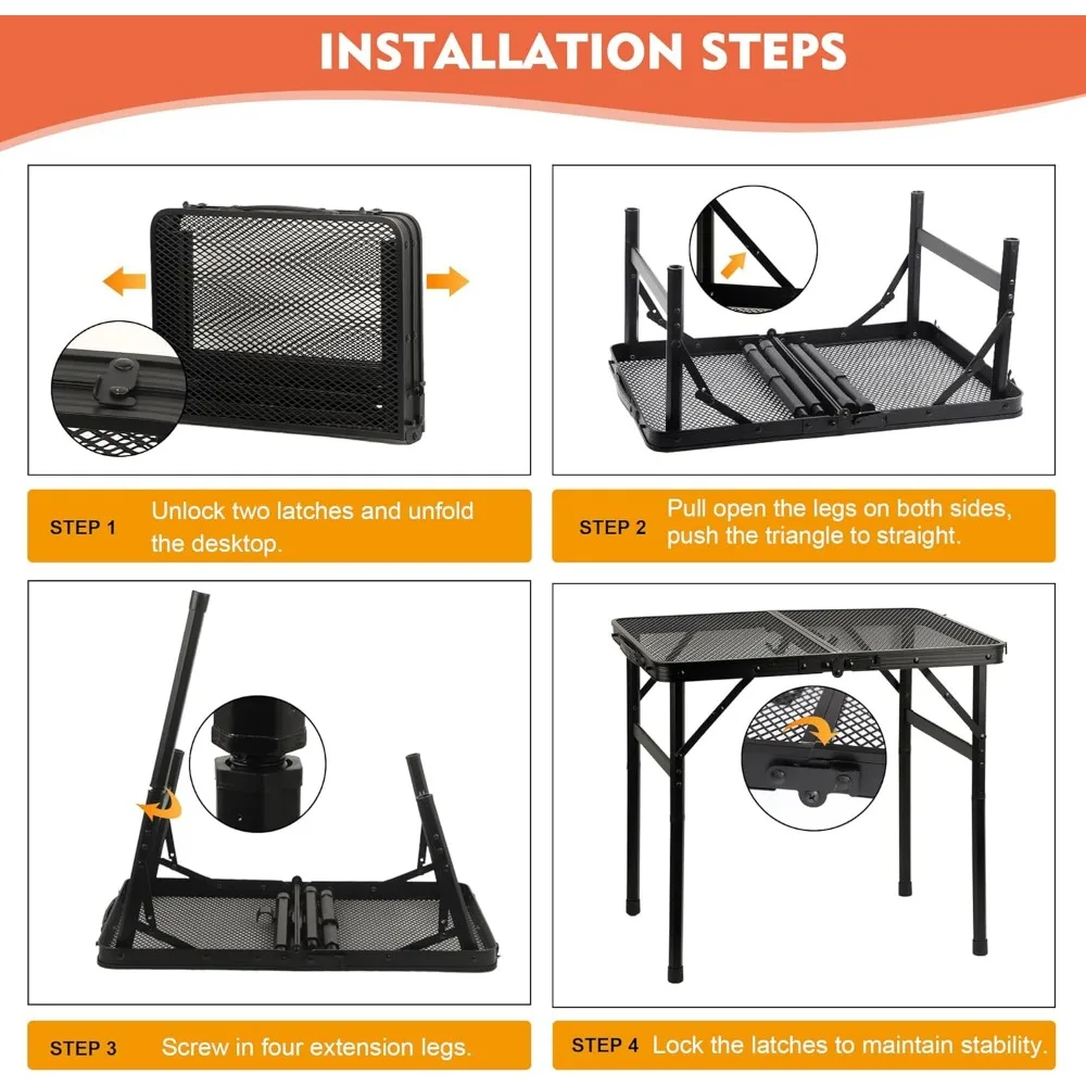 Camping Table with Mesh Desktop, Lightweight & Portable Folding Grill Table, Height Adjustable Sturdy 3 FT Metal Table