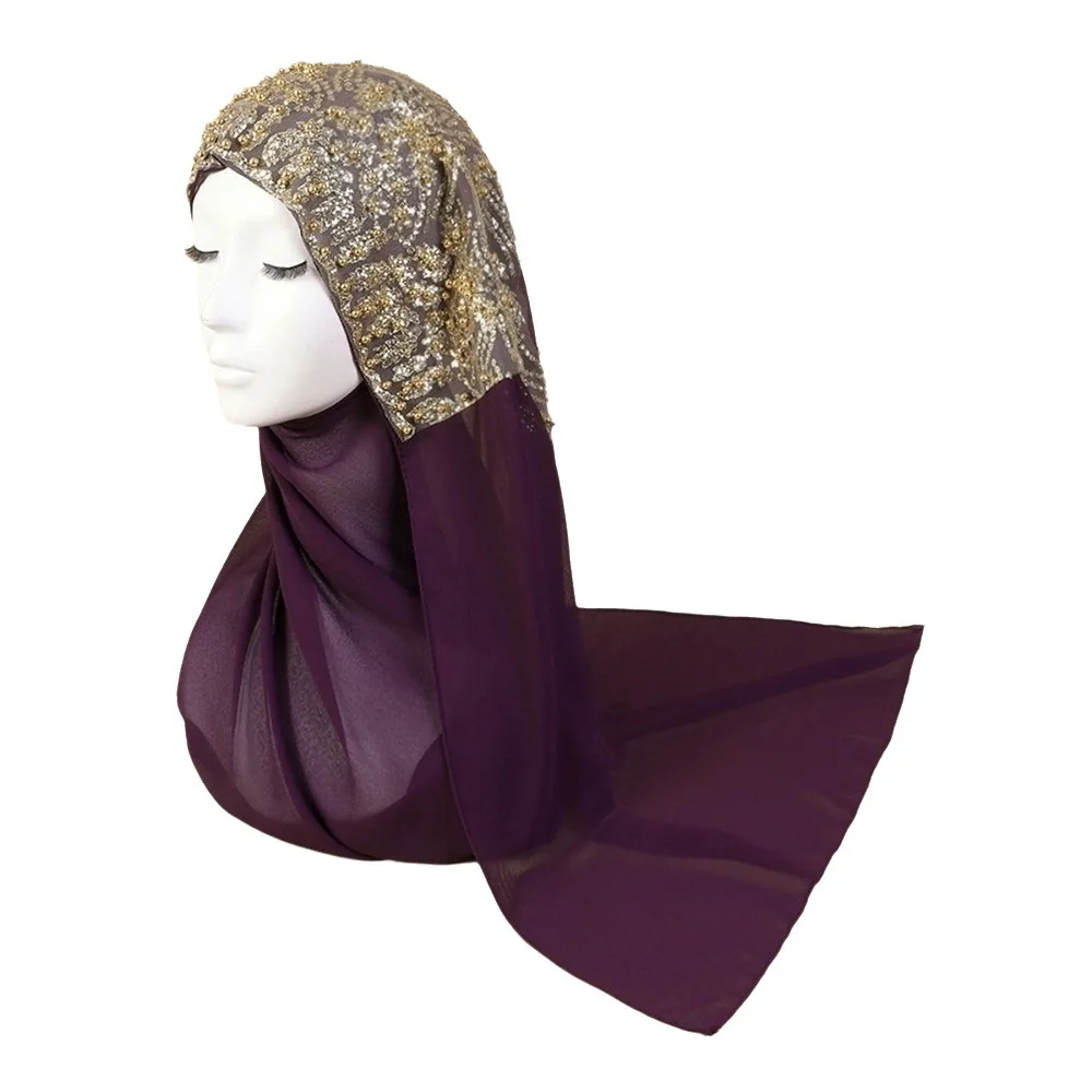 Elegant Silk Pearl Chiffon Hijab Scarf Gold Beads Long Islamic Turban Embroidery Ethnic Style Women Headscarf Party
