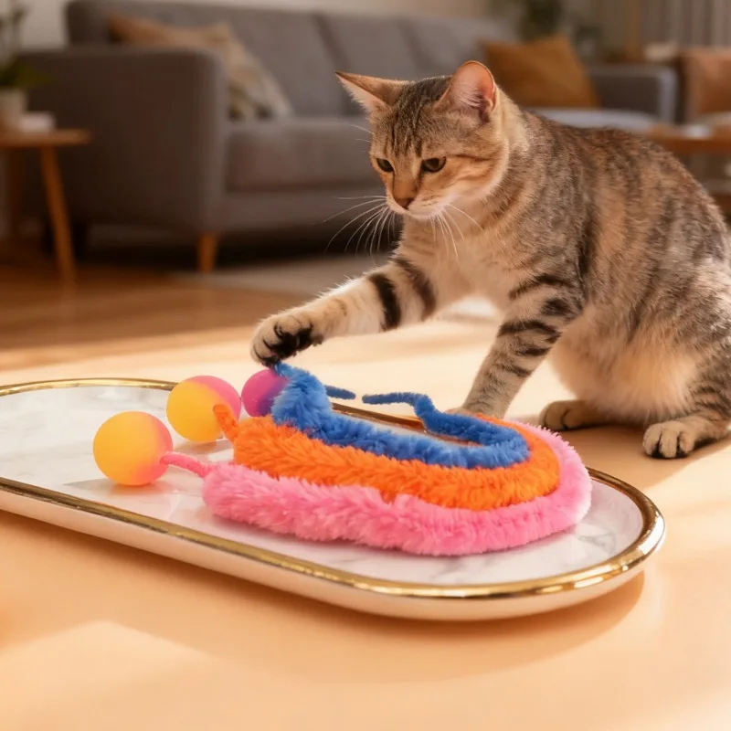 Interaktives Katzenspielzeug: Farbenfroher, elastischer Raupenball mit fluoreszierendem Effekt – Hüpfball für Katzen und Kätzchen zum Spielen und Teaser-Spiel – Detail 5
