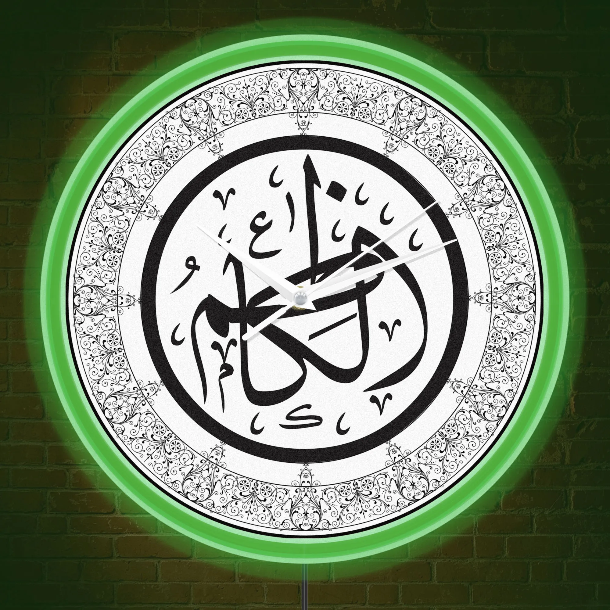 Black & White Arabic Calligraphy LED Neon Wall Clock Glowing Ornate Lace Border Circular Islamic Ramadan Eid Wall Decor Clock