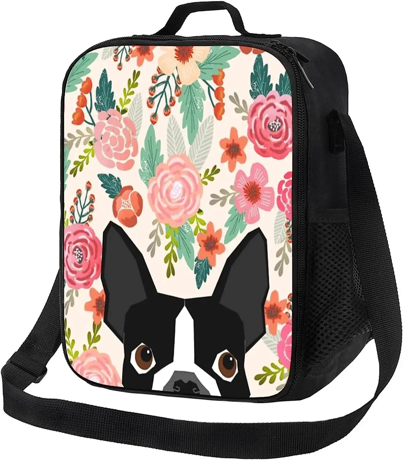 Cute Boston Terrier Flowers Lunch Bag Cute Dog Portable Insulated Lunch Box Thermal Bento Tote for School Work Travel Picnic