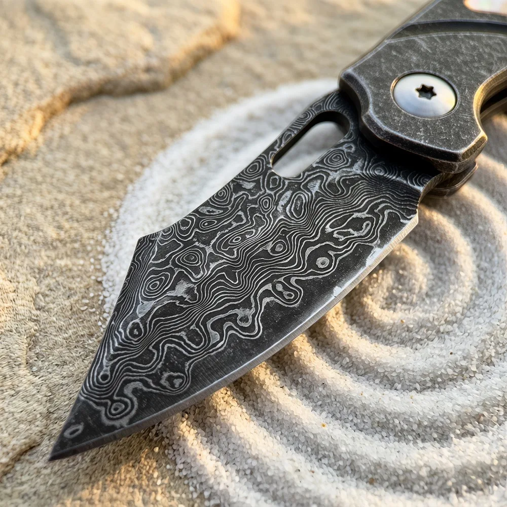 Mini Damascus Steel Folding Knife Tanto Blade 420 Steel Frame Boba Handle EDC Portable Pocket Knife Unpacking Cutting Multi-tool - view 3