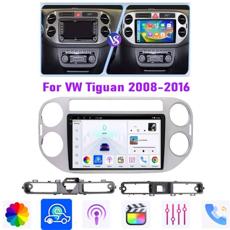 

Car Radio GPS 9" For VW Tiguan 2008-2016 Head Unit Wireless Apple Carplay Android 13 Auto Reversing Image Camera WIFI 4-64GB