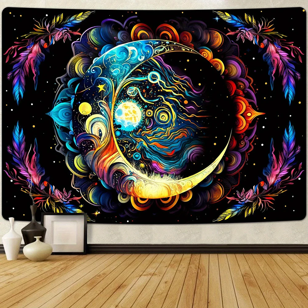 1pc  Blacklight Moon Mandala Tapestry, UV Reactive Neon Galaxy Starry Night Wall Hanging for Bedroom Living Room Dorm Decor