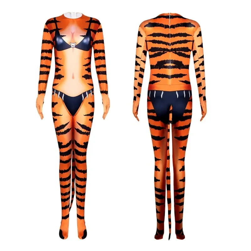 Animal Printed Tiger Zentai Bodysuit Cosplay Costume Halloween Furry Orc Full-Body Outfits for Stage Performances Themed Events