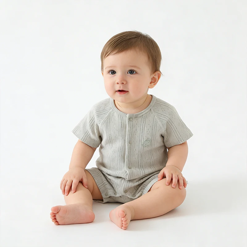 Unisex Baby Kurzarm-Strampler Sommer Dünner Atmungsaktiver Baumwoll-Hausanzug Nahtloser Neugeborenen-Krabbelanzug Schlafanzug
