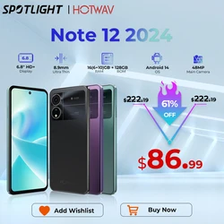 HOTWAV Note 12 2024 Smartphone 6,8'' großes Display Android 14 OS 16(6+10)GB 128GB Mobiltelefon 48MP 5160mAh Ultradünnes Mobiltelefon