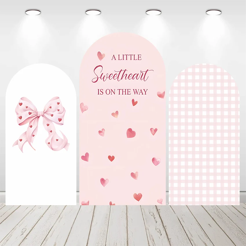 

LS Custom 2-Sided Blush Pink Bows Heart Girls Birthday Party Baby Shower Covers Chiara Arch Wall Background Decor Backdrop