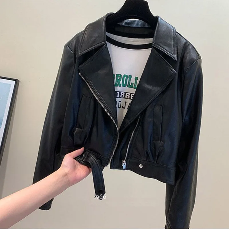 European Female Loose Leather Jacket Spring Autumn Women Leather Clothing Outwear 2024 Ladies Short Flip Collar PU Leather Coat