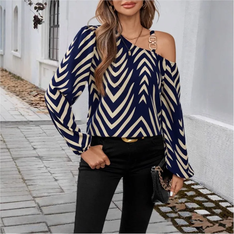 Casual Long Sleeve Top Blusas T Shirt Tees Contrast Striped Printed Slant Collar Off Shoulder Metal Sheet Simple Style All-match