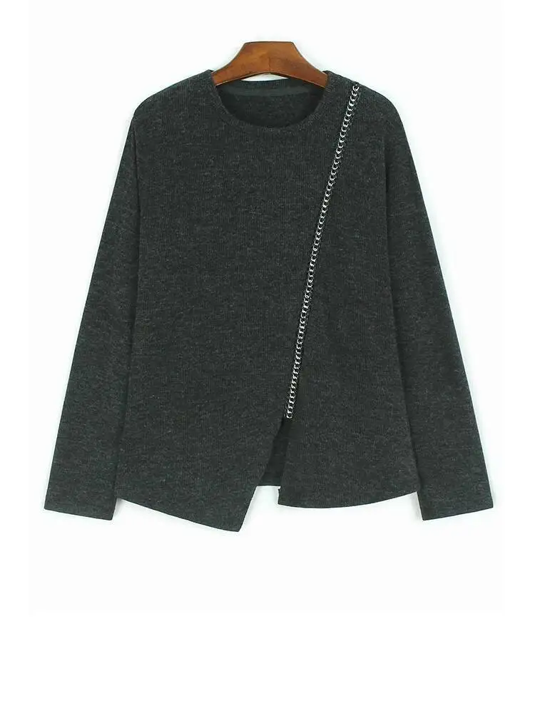 

Женская серая футболка большого размера с нерегулярным подолом и металлической цепочкой, новая модная футболка с круглым вырезом и длинными рукавами, весна-осень