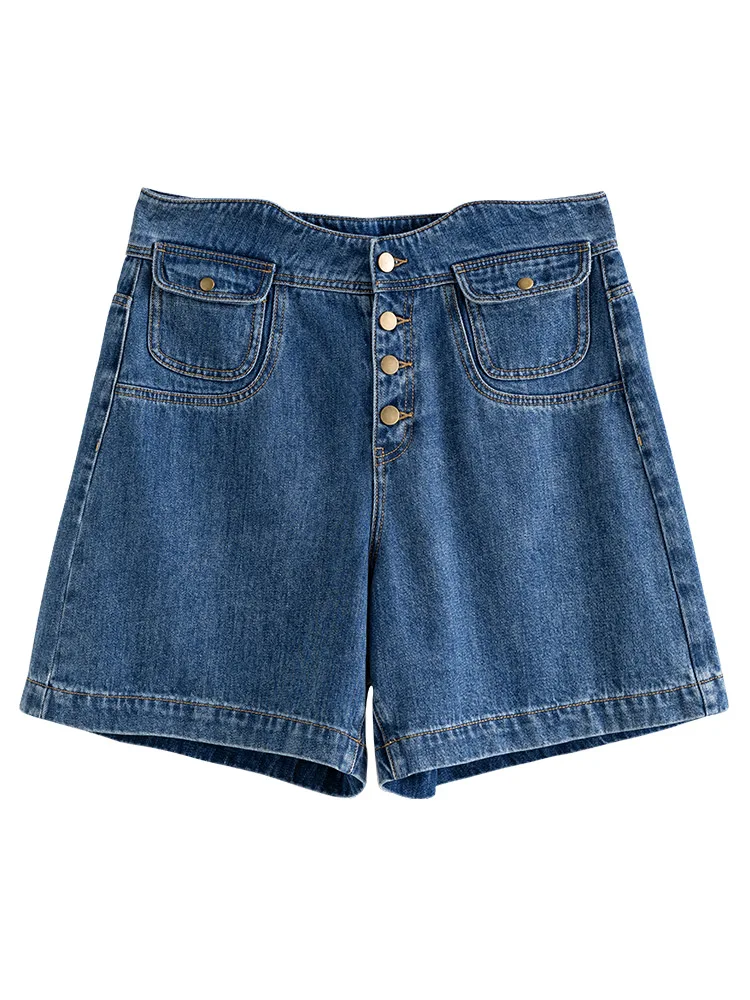 DUSHU 100% Cotton Shorts Wavy Waist Design Retro High Waist Denim Shorts Women Summer A-LINE All-match Casual  Slim Denim Shorts