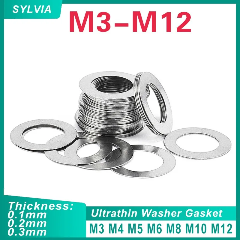 

50pcs/lot 304 Stainless Steel Ultra Thin Flat Washer M3 M4 M5 M6 M8 M10 M12 Adjusting Ultrathin Shim Plain Gasket 0.1/0.2/0.3mm