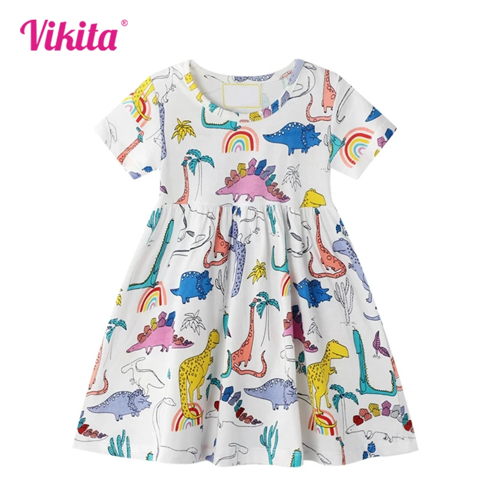 VIKITA Girls Dinosaur Dresses Kids Summer Cartoon Casual Straight Dress Children's Clothes Short Sleeve Fashion Princess Frocks