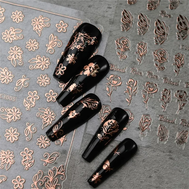 6Pcs/set Hot Stamping Rose Butterfly Nail Stickers Luminous Effect Colorful Gradual Nail Art Decals Laser Line Manicure Decorati