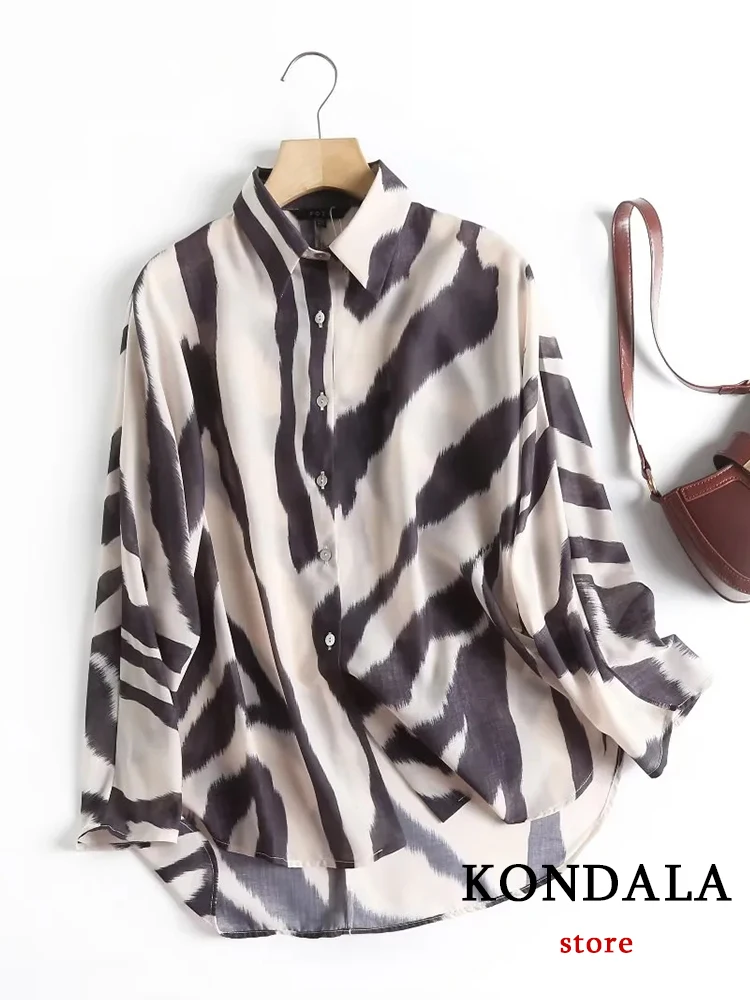 KONDALA Vintage Zebra Print Women Shirts Long Sleeve Single Button Turn Down Collar Loose Blouses Fashion 2022 Elegant Mujer Top