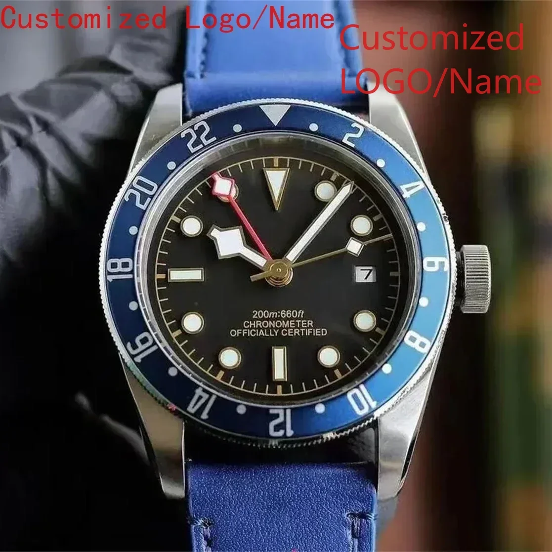 Automatic Mechanical Watch Men GMT Luminous Stainless Steel Black White dial Leather Ceramic Sapphire Watches Customized