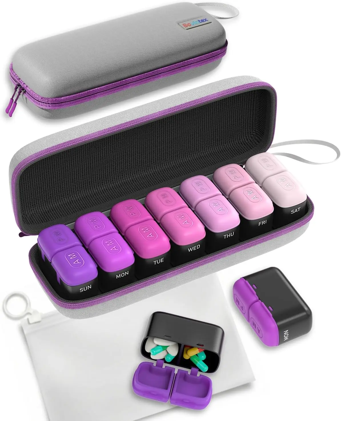 Weekly Pill Organizer 2 Times a Day, 7 Day Travel Medicine Pill Box with Moisture-Proof Silicone Lid, AM PM Daily Pill Case, Aesthetics Pill Case (Purple)