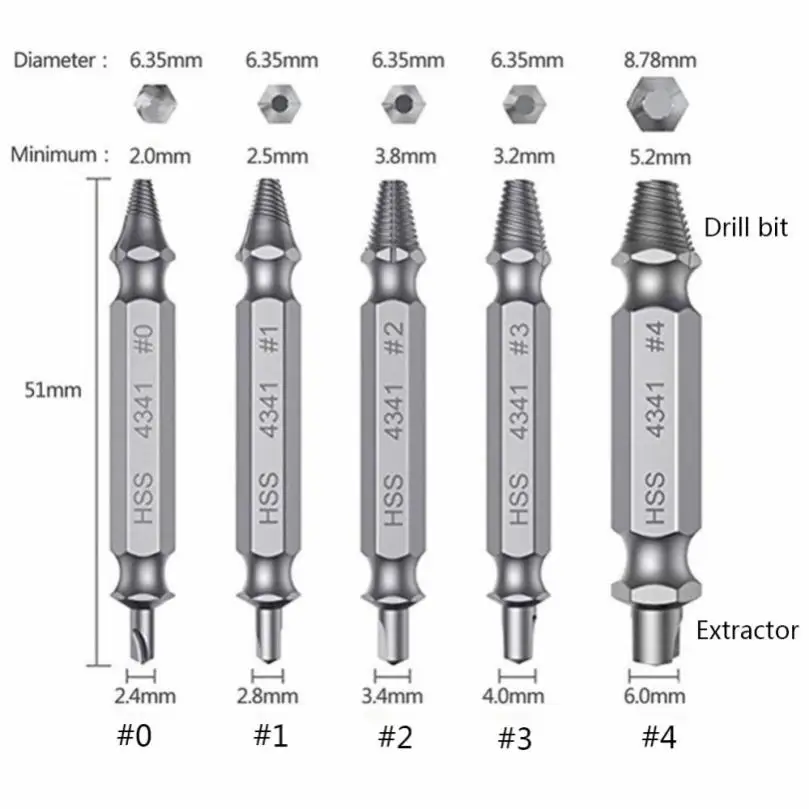 5pcs High-strength Double Head Screw Damage Extractor Drill Hole Take Out Dual Tool Set for Stone Woodworking Punch Bolt