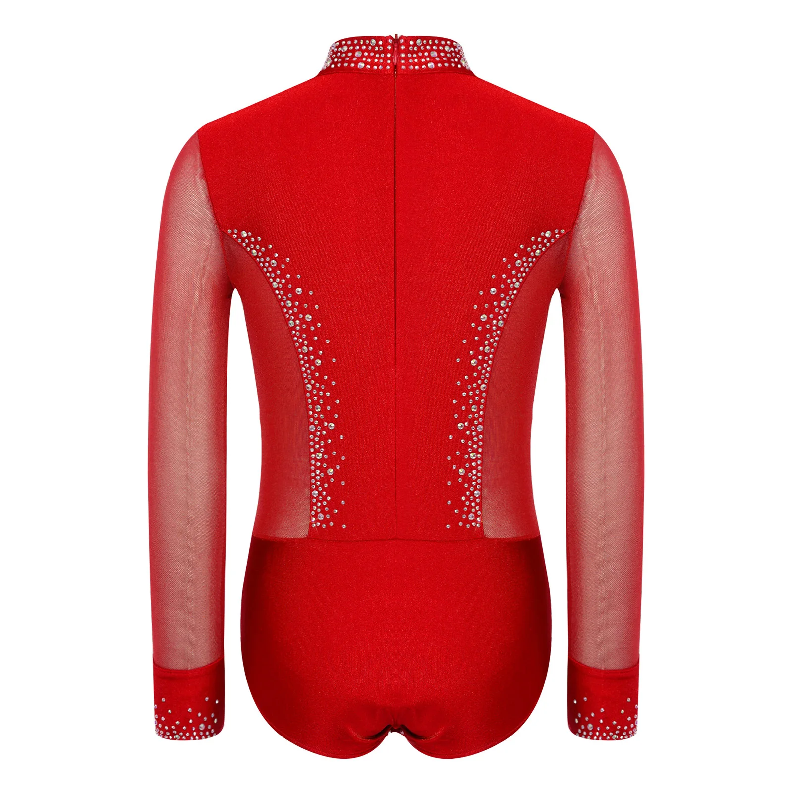 Kinder Jungen Strass-Bodysuit Jumpsuit Langarm Mesh-Bodysuit Gymnastik Ballett Trikot Eiskunstlauf Auftritts-Kostüm – Detail 4