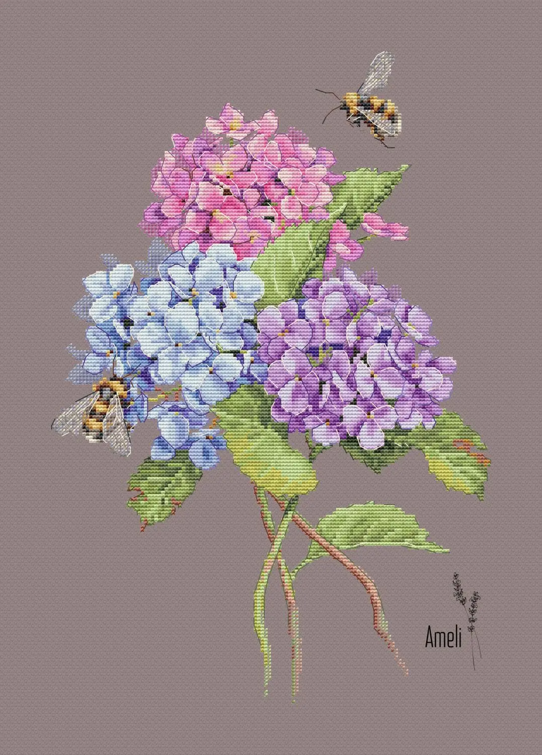 DIY needle work Hydrangea and Bees 33-44 Cross Stitch Set Counted Cross Stitch Kit  28ct 14ct 32ct Metallic aida