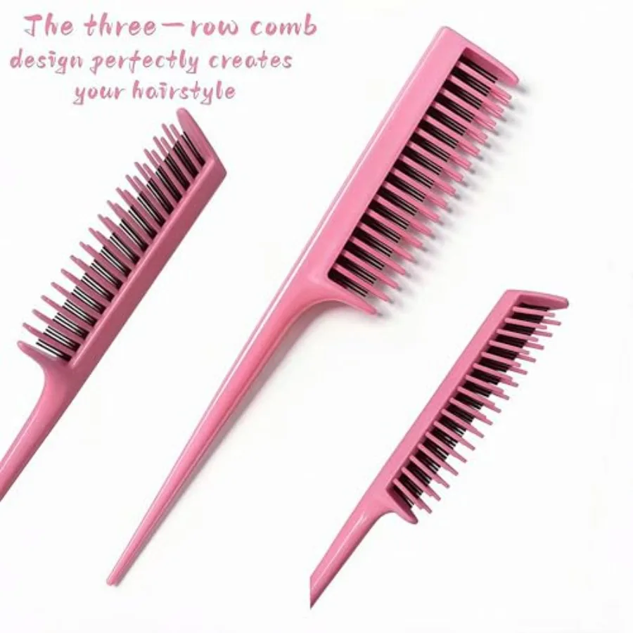 Hair Brush Set for Women and Girls Styling: Pink 4-Piece Three-Row Teasing Comb Edge Brush Rat Tail Comb view 3