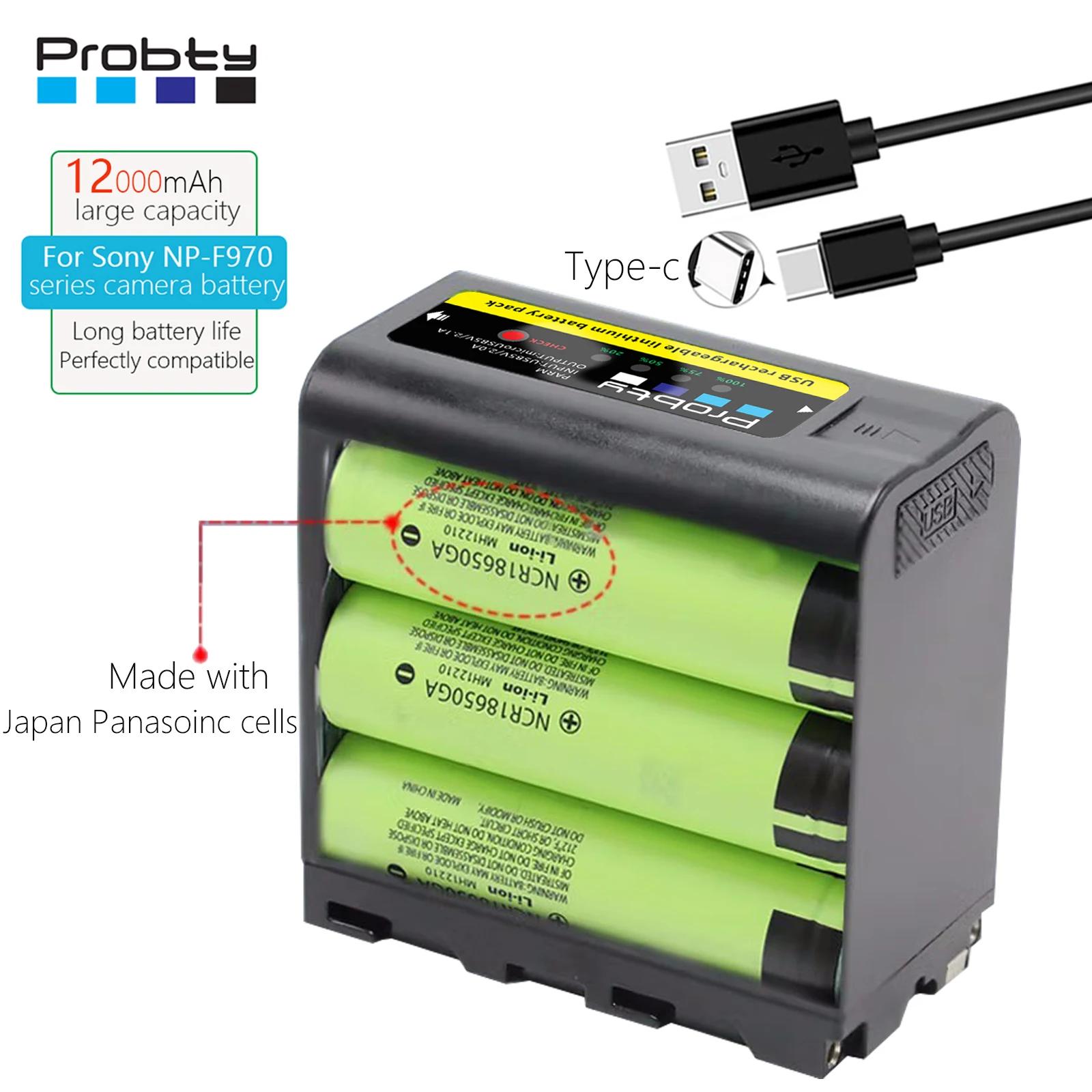 NP-F970 Replace Battery for Sony NP-F970 NP-F960 NP-F950   Upgraded NP-F980 Battery with USB Output Type-C 5V/2.1A Charging