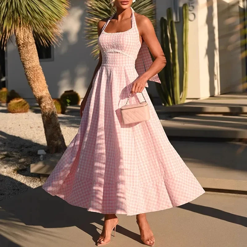 

Summer New High Waist Halter Dresses French Style Vacation Grid Printed Dresses Elegant Sleeveless Off Shoulder Slim Party Dress