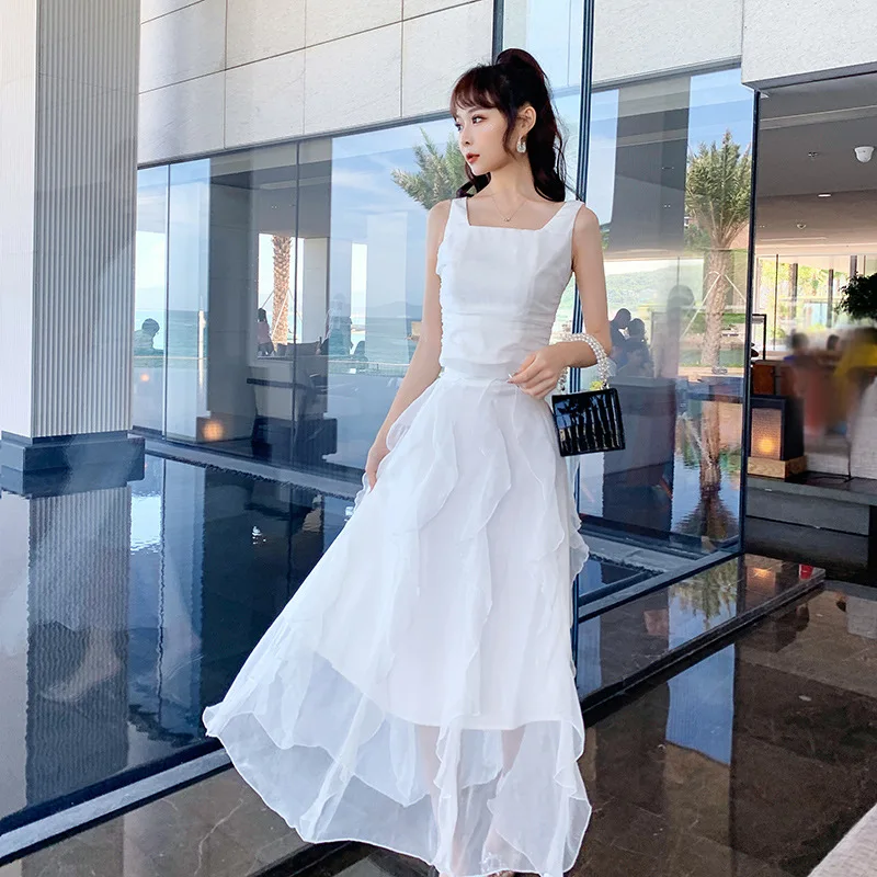 Set  Summer New Women's Clothing Age-reducing Foreign Style Sling Vest Fairy Fluffy Dress Two-piece Set