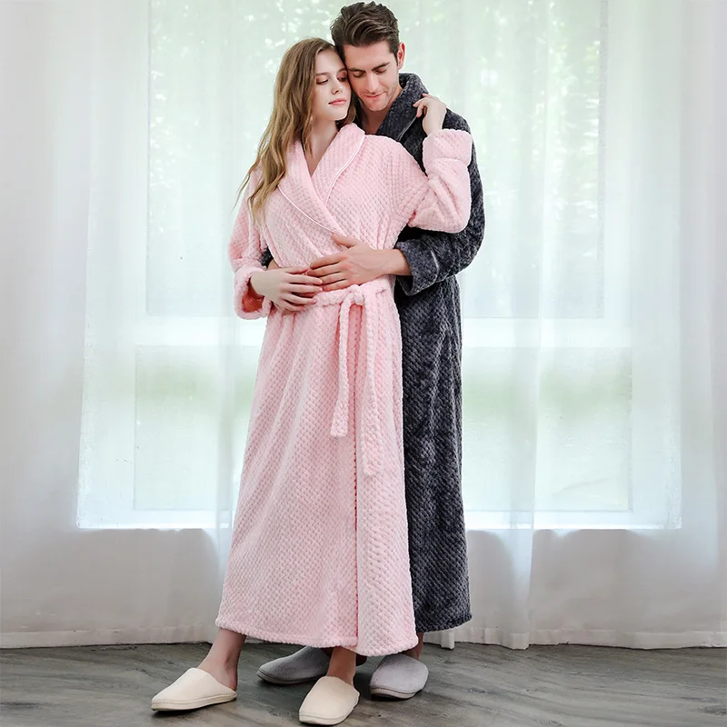 Autumn Winter Thick Flannel Couple\'s Long Robe Sleepwear Warm Coral Fleece Bathrobe Loungewear Loose Casual Home Wear Nightwear