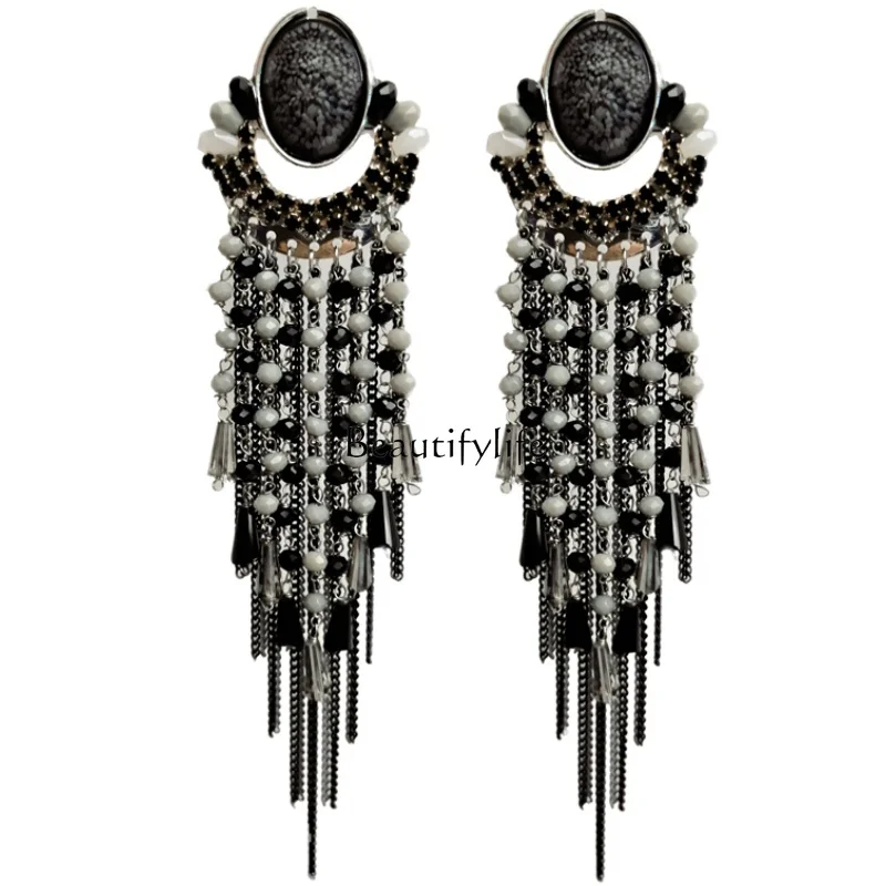 

Big Ear Stud Waterfall Long Luxurious Tassel Crystal Diamond Black Heavy Industry Earrings