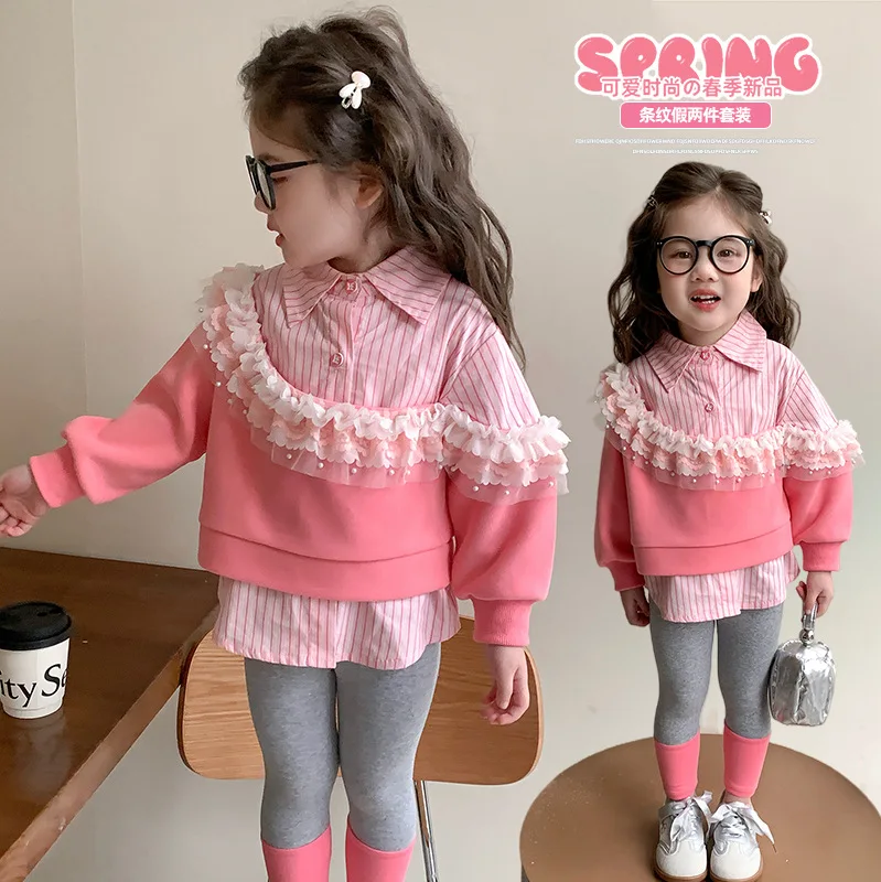 

Girls lace striped fake two-piece suit spring and autumn little girl children's sweater leggings clothes baby