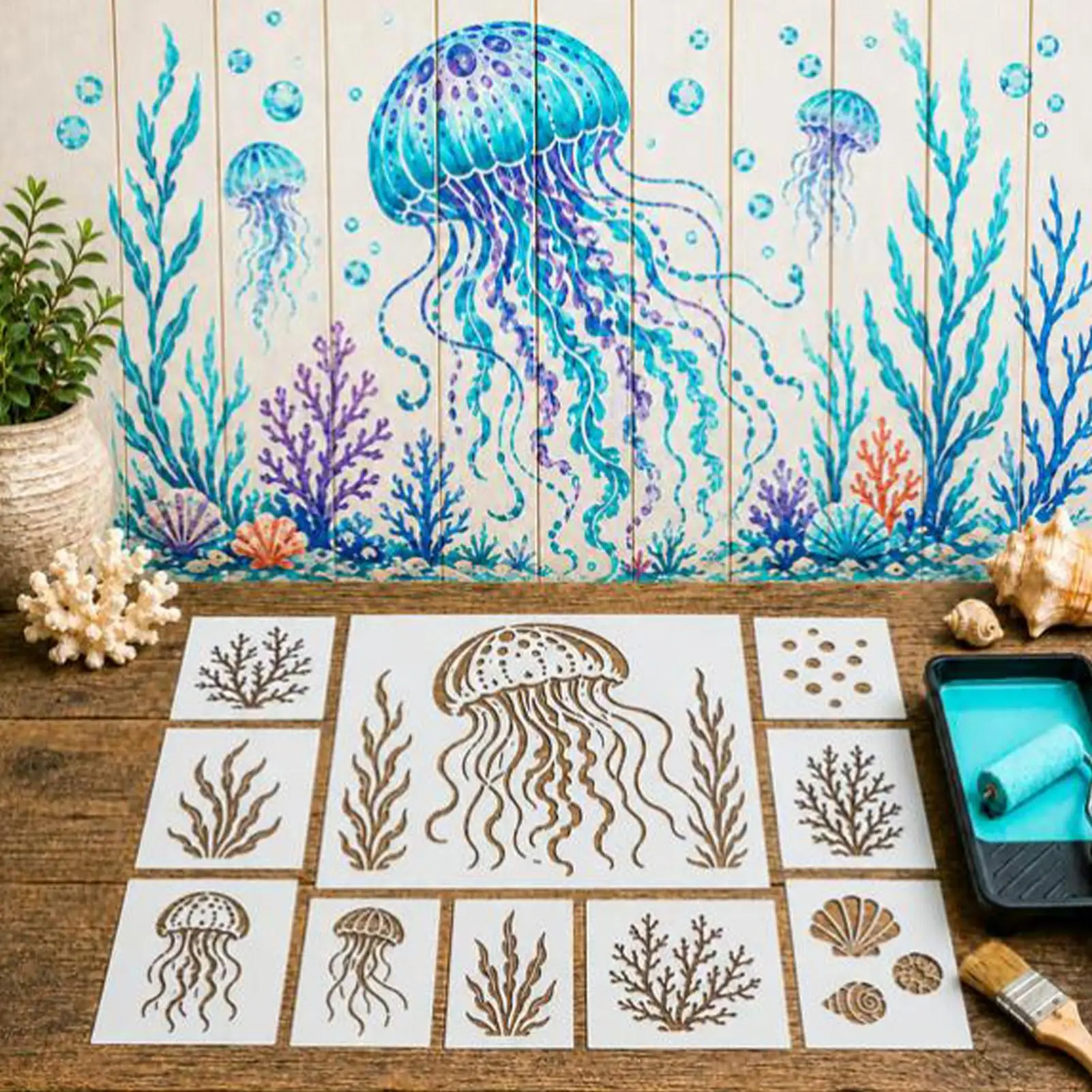 Animal Stencils For Painting Reusable Sea Animal Drawing Mural Decoration Sea Fish Stencil For Rock Cake Decorating Card Making