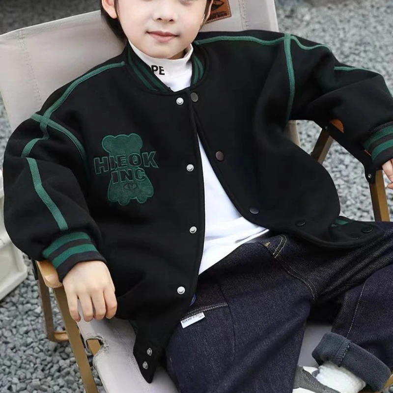 Boys' Fleece Lined Hooded Baseball Jacket 2025 Spring Fall Korean Style Hot Sale Youth Fashion Warm Coat for Boys