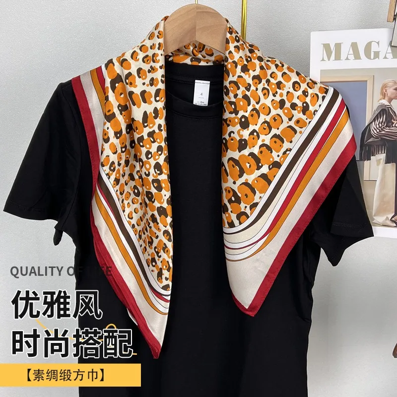 100% Mulberry Silk Square Scarf Women Elegant Leopard Print Medium Scarf Gift Custom